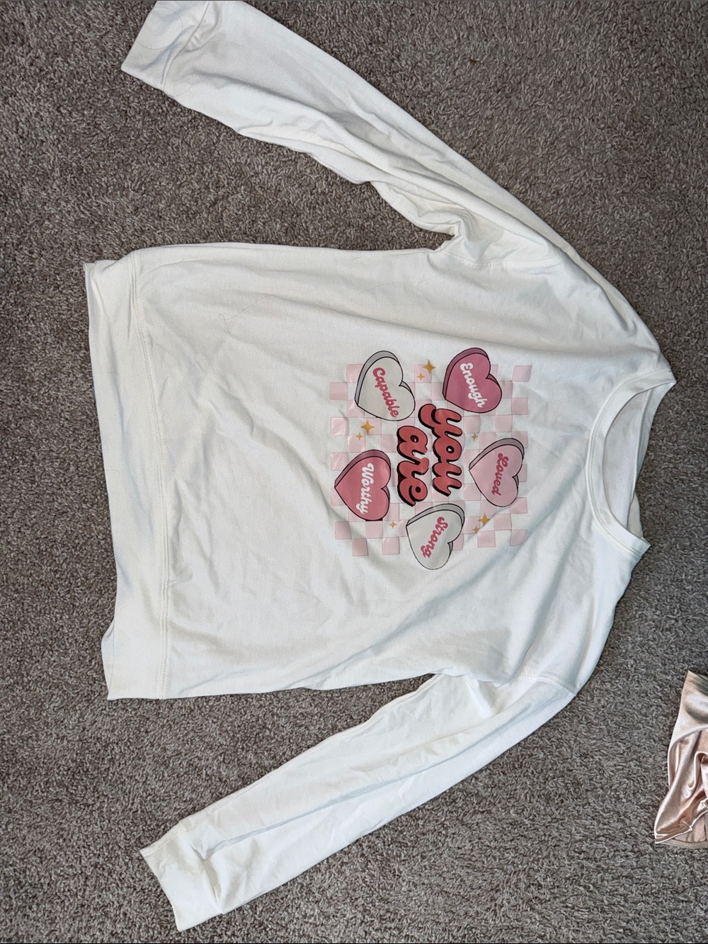 Valentines White Long-Sleeve Shirt with Pink Heart Graphic
